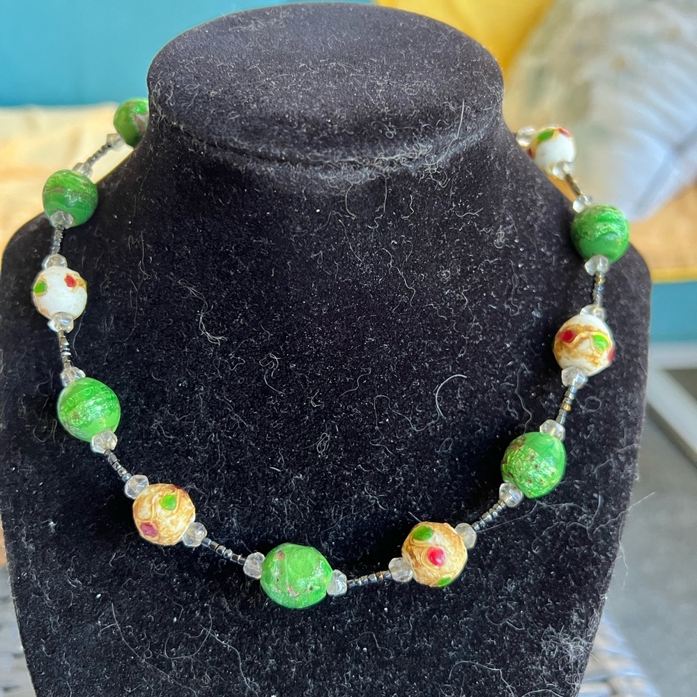 Vintage wedding cake glass beads hand knotted green, cream and red necklace.